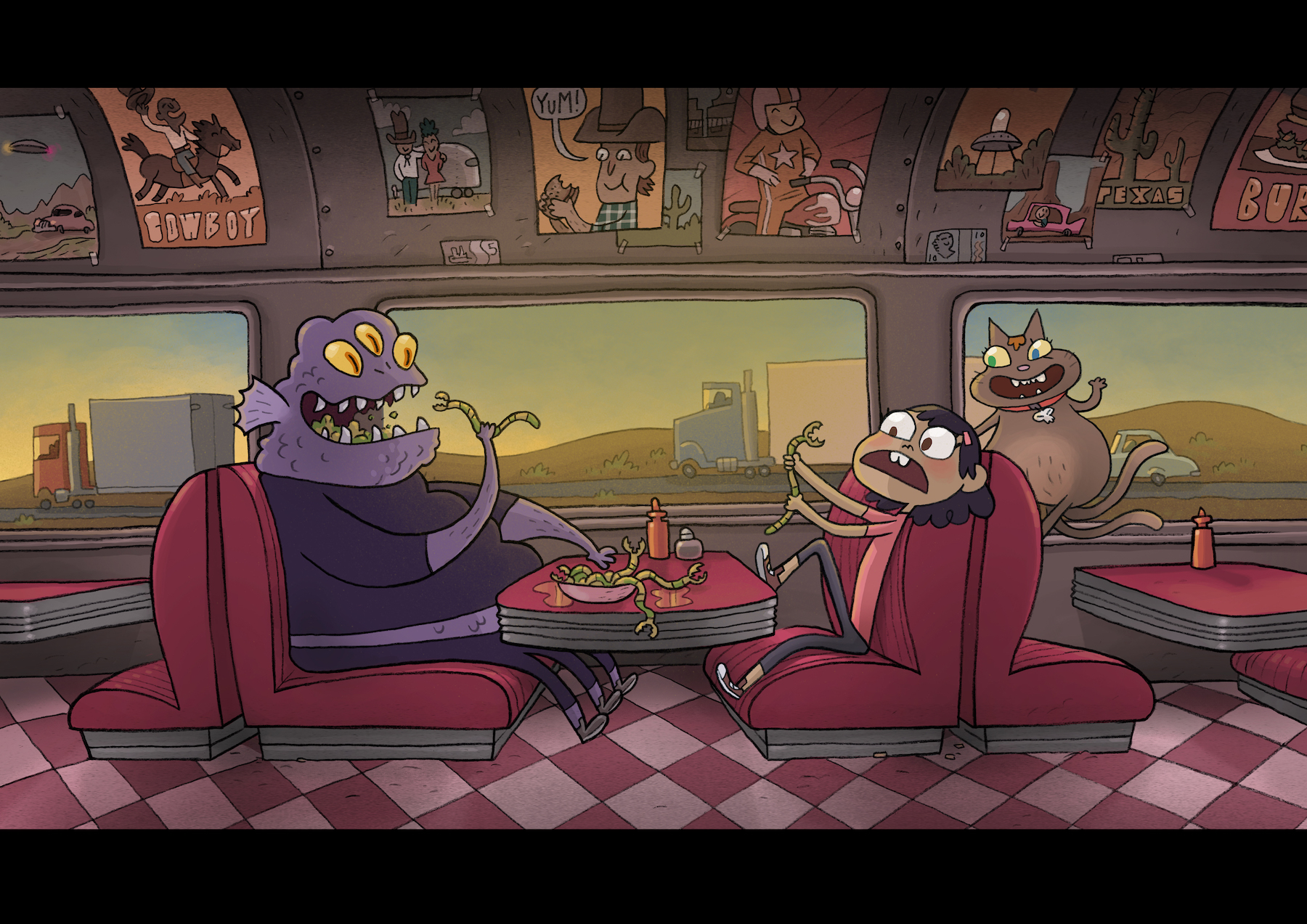 Addy in a Texas diner with two alien children and a cat