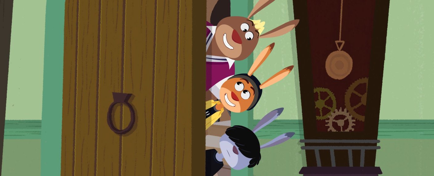 Rabbit Academy characters peering around a door